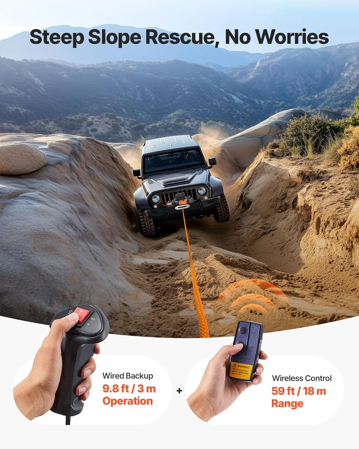 VEVOR 12 V cable winch, 6150 kg, motor winch, 12 V DC, electric winch diameter 1 x 2440 cm, synthetic cable, aluminium cable guide, wireless/wired remote control, IP55, for