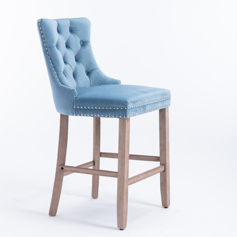 Barstoel – Barkruk – Barstoel Kruk – Barkrukken – Barstoel Stoel – Set van 2 – Lichtblauw Velvet Bekleed – Rubberen Houten Poten – Button-Tufted Rugleuning – 113 kg Draagvermogen – Retro Modern