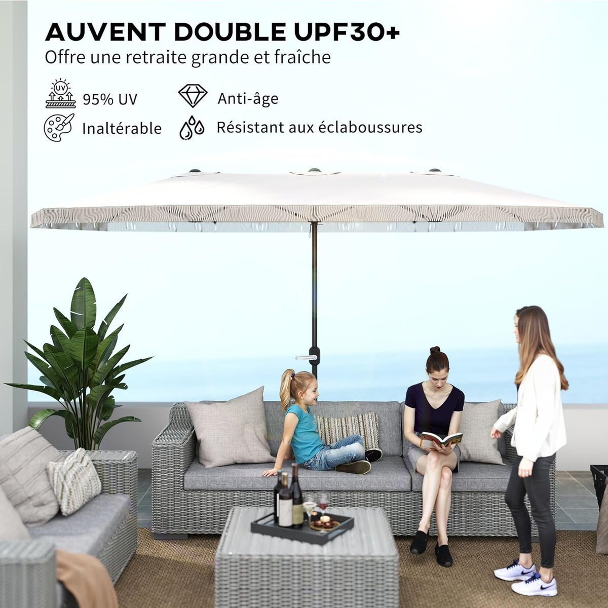 Outsunny Garden Shade Double Rectangle 4.5 x 2.65 x 2.60 m with Crank and Fringes, 180 g/m², Parasol for Balcony, Pool, Patio, Cream - QUORE