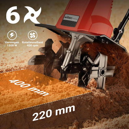 Wiltec elektrische tuinfrees 1500 W, grondfrees met 400 toeren per minuut, grondfreesmachine met 220 mm werkdiepte, bodemfrees voor tuinwerkzaameden, freesmachine voor tuin en grond, cultivator