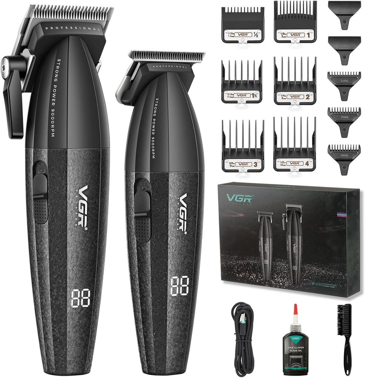 VGR 640 Professionele tondeuse voor heren, draadloze tondeuse- en trimmerset, Zero Gap T-blade, DLC keramisch lemmet, hoogwaardige kapperset met led-display (zwart)