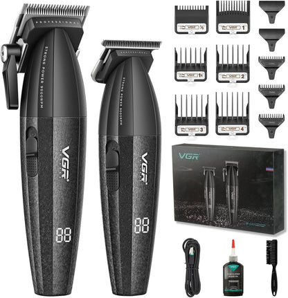 VGR 640 Professionele tondeuse voor heren, draadloze tondeuse- en trimmerset, Zero Gap T-blade, DLC keramisch lemmet, hoogwaardige kapperset met led-display (zwart)