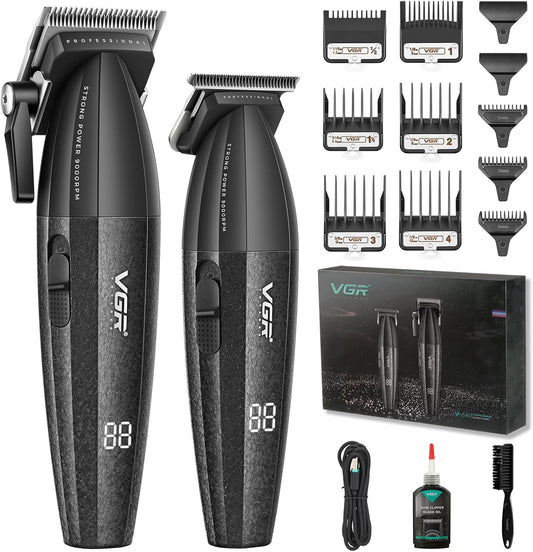VGR 640 Professionele tondeuse voor heren, draadloze tondeuse- en trimmerset, Zero Gap T-blade, DLC keramisch lemmet, hoogwaardige kapperset met led-display (zwart)
