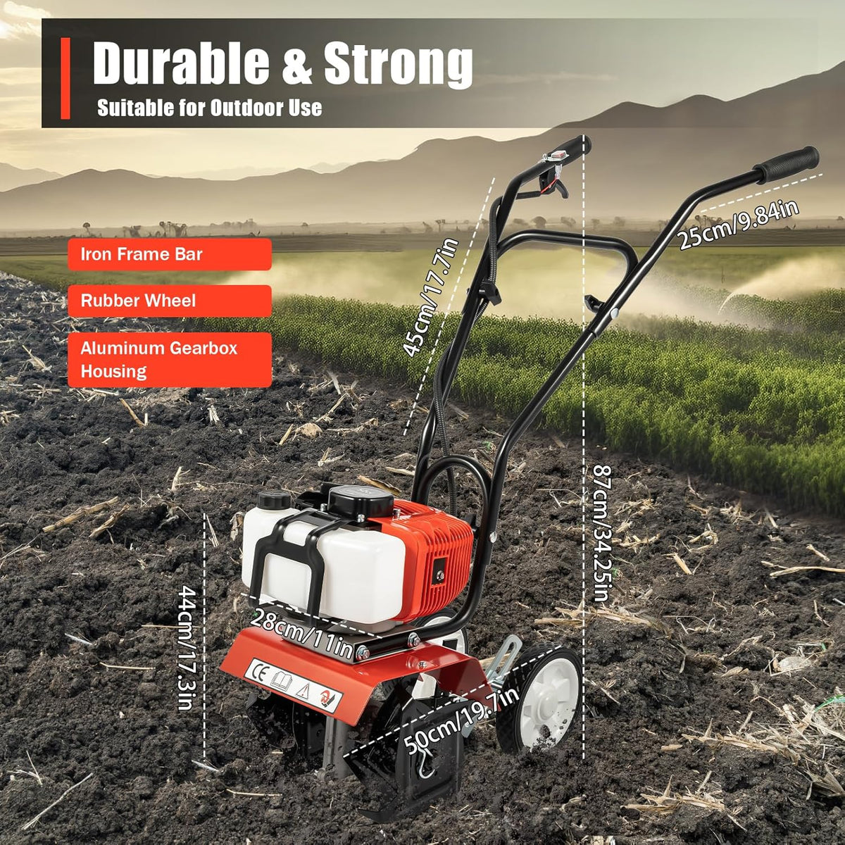 52CC 2-Stroke Garden Tiller, Petrol, 1.9 KW, Field Planter, Garden Cutter, Motor Chopper, 6500-7000 RPM, Petrol Cultivator, Motor Chop, Ground Cutter, Plow Cultivator, Field, Groove Pulling - QUORE