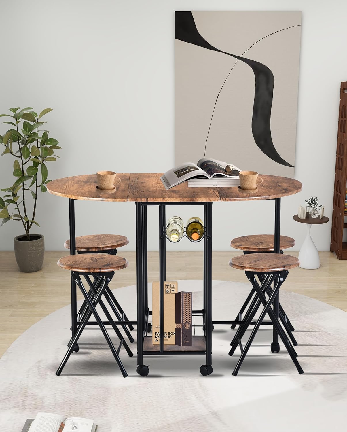 Dining Table with 4 Chairs, Small Kitchen Table, Foldable, Small Space with 4 Folding Chairs with Storage for Restaurant, Patio, Balcony, Garden (Rustic Brown)