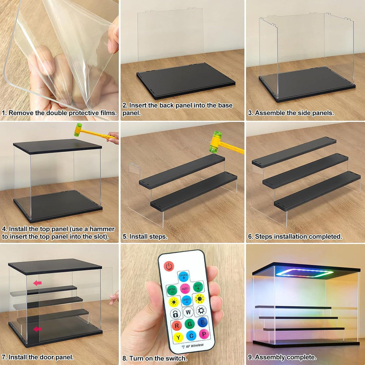 Nonemey Transparante Acryl Vitrinestandaard met Kleurrijk Led Licht,3/4/5/6 Lagen Vitrinekast Stofdichte Organisator Acryl Doos voor Verzamelobjecten Figurines (Zwart, 6Tier-49*30*40 cm)
