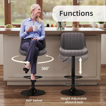 Youhauchair Barkrukken Set van 2, In Hoogte Verstelbare Barkruk met Rugleuning, PU Lederen Barstoelen Bar Stool, Moderne Barstoel Keuken Kruk, Donkergrijs