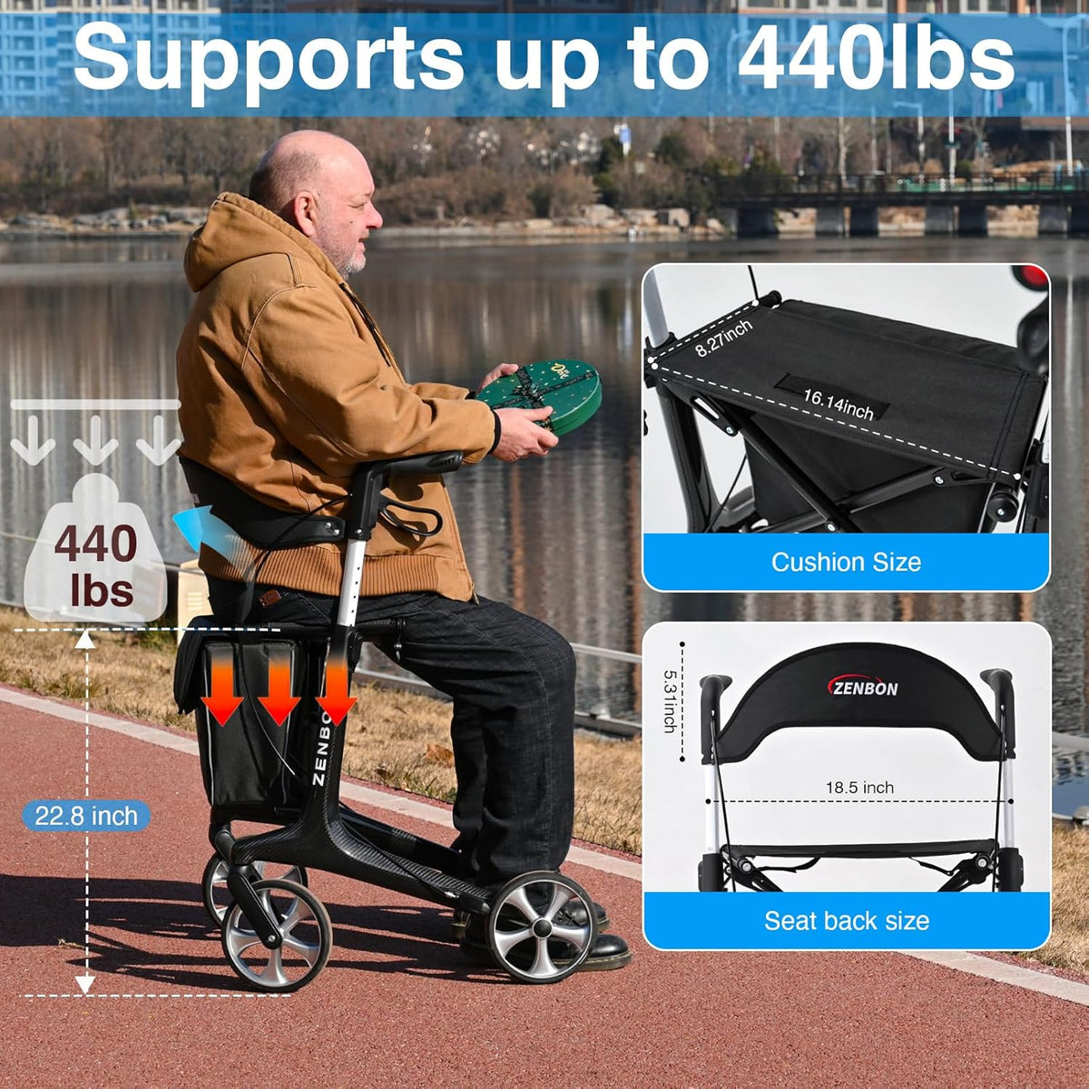 Roltor Walker | Met zitting | 150 kg draagvermogen | 4 grote wielen | lichtgewicht koolstofvezel ondersteuningsframe | dubbele handremmen | In hoogte verstelbaar | Voor volwassenen/senioren