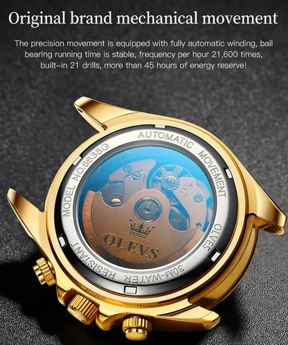 OLEVS Automatische herenhorlogemachine, timing, bezel mechanisch horloge, waterdicht en lichtgevend kalenderweek, roestvrijstalen precisieband