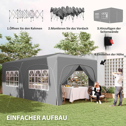 Outsunny Pavillon approx. 3x6m, wasserabweisend Stabil Winterfest Pop-up Faltpavillon, UV Schutz 50+, Faltbar Partyzelt Gartenzelt mit 6 Seitenteilen Tasche Gartenpavillon für Camping Garten, Hellgrau - QUORE