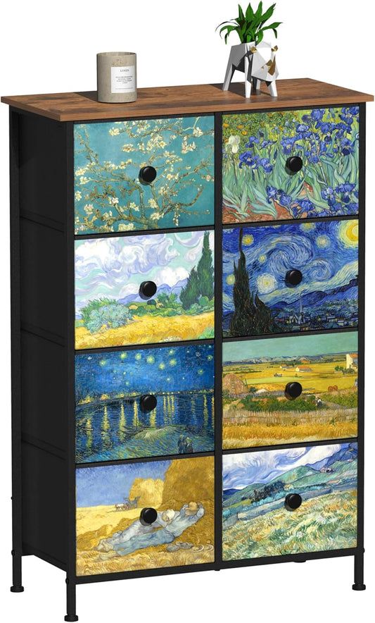 VEDECASA Smalle commode voor slaapkamer, hoge commode met 8 laden, Van Gogh lade-eenheid voor kinderkamer, woonkamer, hal, slaapkamer, kantoor, metalen frame, houten plaat, commode