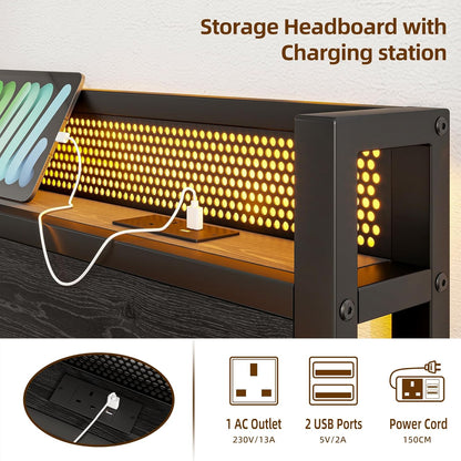 Eenpersoonsbedframe met houten opberghoofdeinde, 90 cm, houten bedframe, eenpersoonsbed met oplaadstation, USB-poorten en ledverlichting, zwart