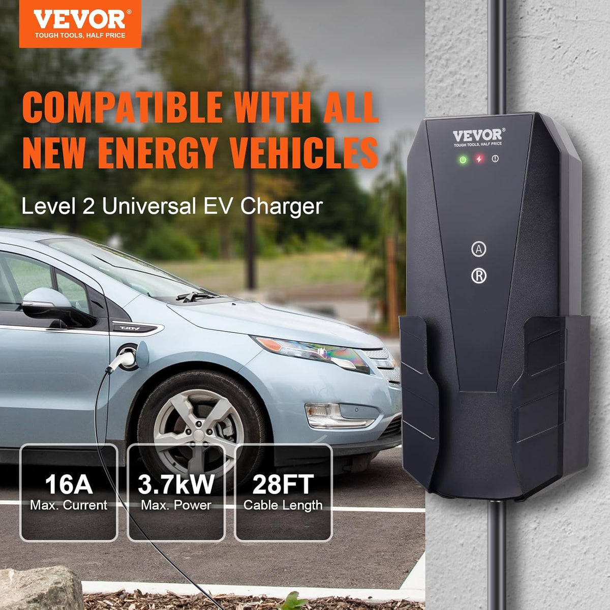 VEVOR Draagbare EV-oplader 3,68 kW oplader voor elektrische voertuigen EV-oplaadkabel type 2(IEC62196) CEE 7/7 stekker 8-16A 1-fase EV-laadstation 8,6 m kabellengte IP66 waterdicht Wallbox