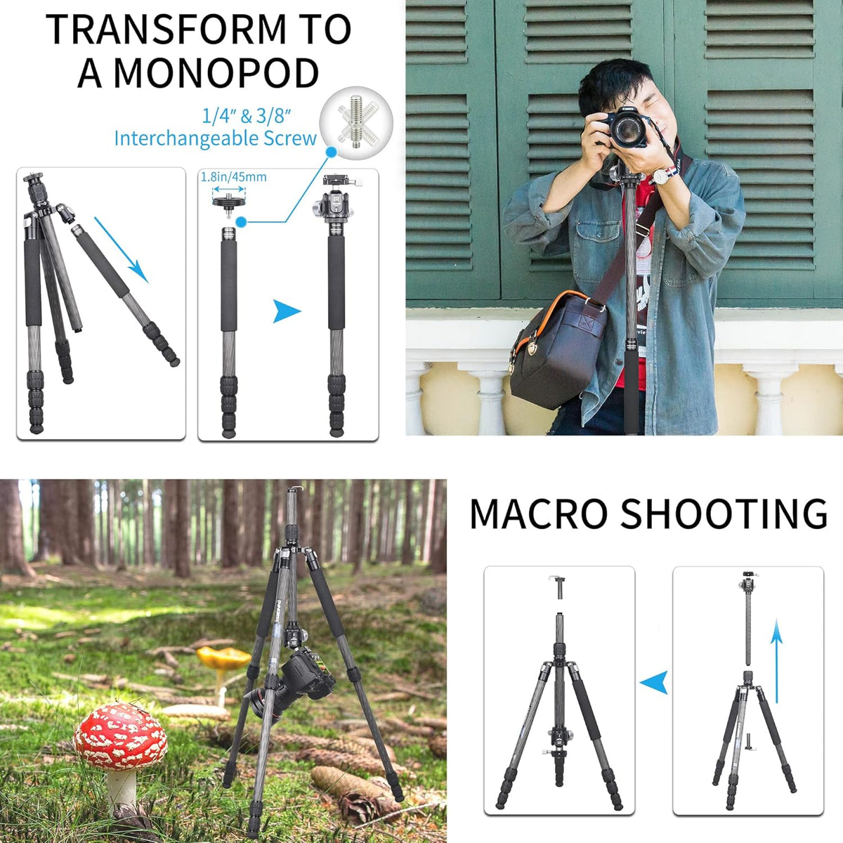 Draagbare 10 Lagen Koolstofvezel Statief - INNOREL RT45C+N36 Professionele Reizen Compact Lichtgewicht Statief Monopod voor DSLR Camera Camcorder met 36 mm Low Center Gravity Ball Head, Load 33lb/15kg