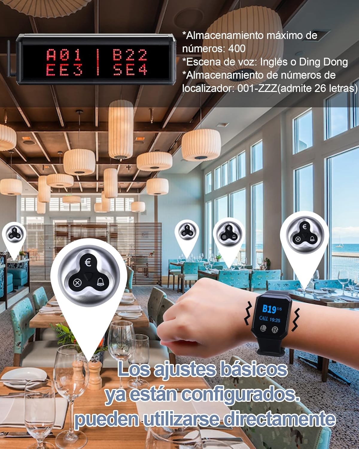 CS-400D Draadloos lokalisatiesysteem, restaurant-afstandsbediening, 1 oproepdisplay, 16 toetsen, 2 armbandontvangers, bar, café, systeem