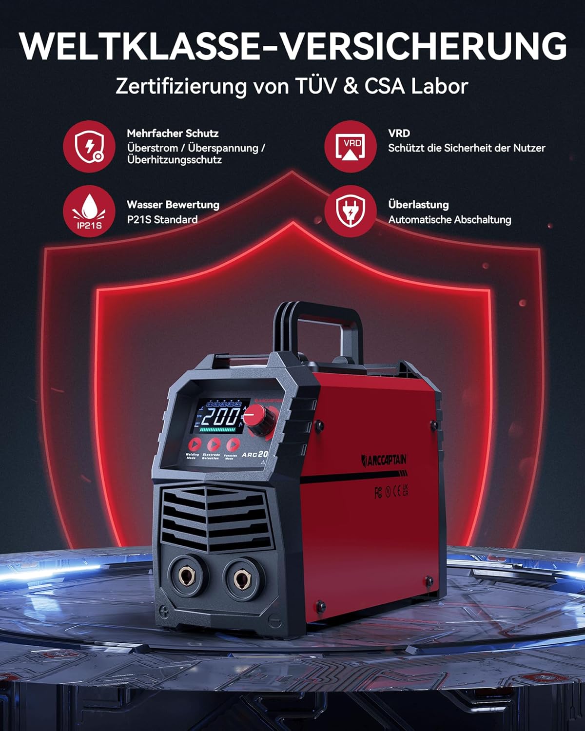 ARCCAPTAIN ARC 200 Lasapparaat: 200A IGBT DC lasapparaat met LED-display, synergetische bediening, lift TIG draagbaar compact elektroden lasapparaat