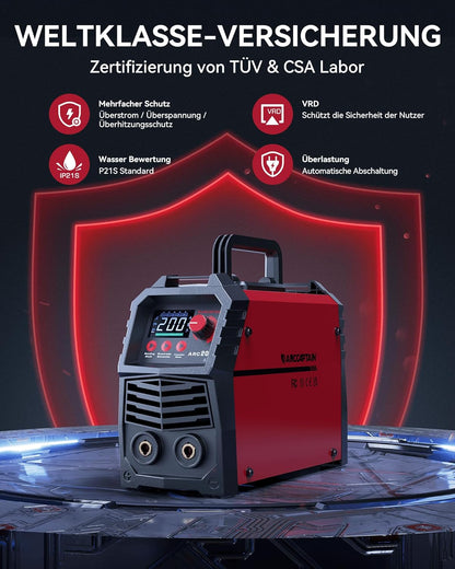 ARCCAPTAIN ARC 200 Lasapparaat: 200A IGBT DC lasapparaat met LED-display, synergetische bediening, lift TIG draagbaar compact elektroden lasapparaat