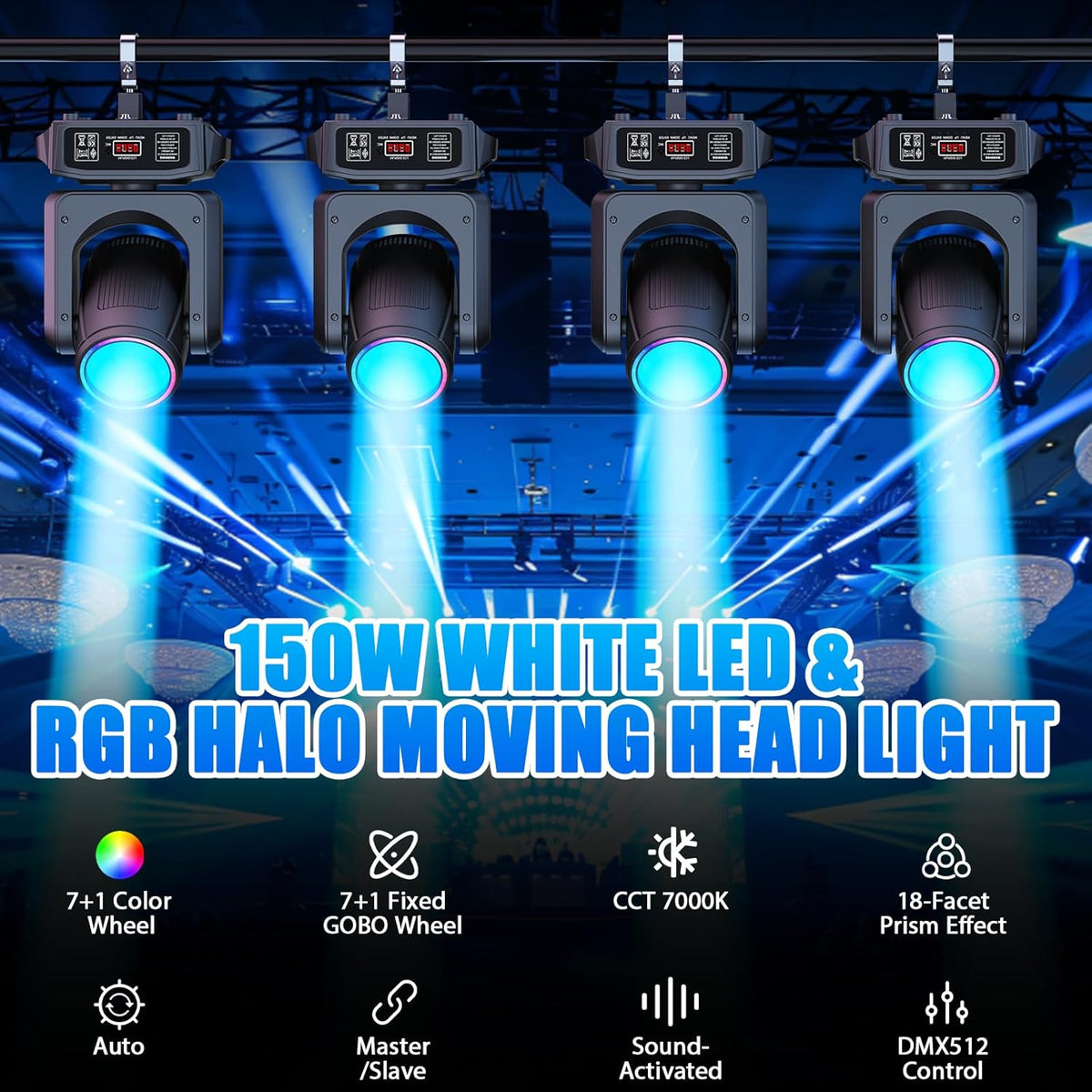 150 W bewegende kop LED Spot Beam Light met 8 Gobo 18 Prisma DMX512 besturing voor podium, disco, party, bruiloft, Kerstmis, Halloween