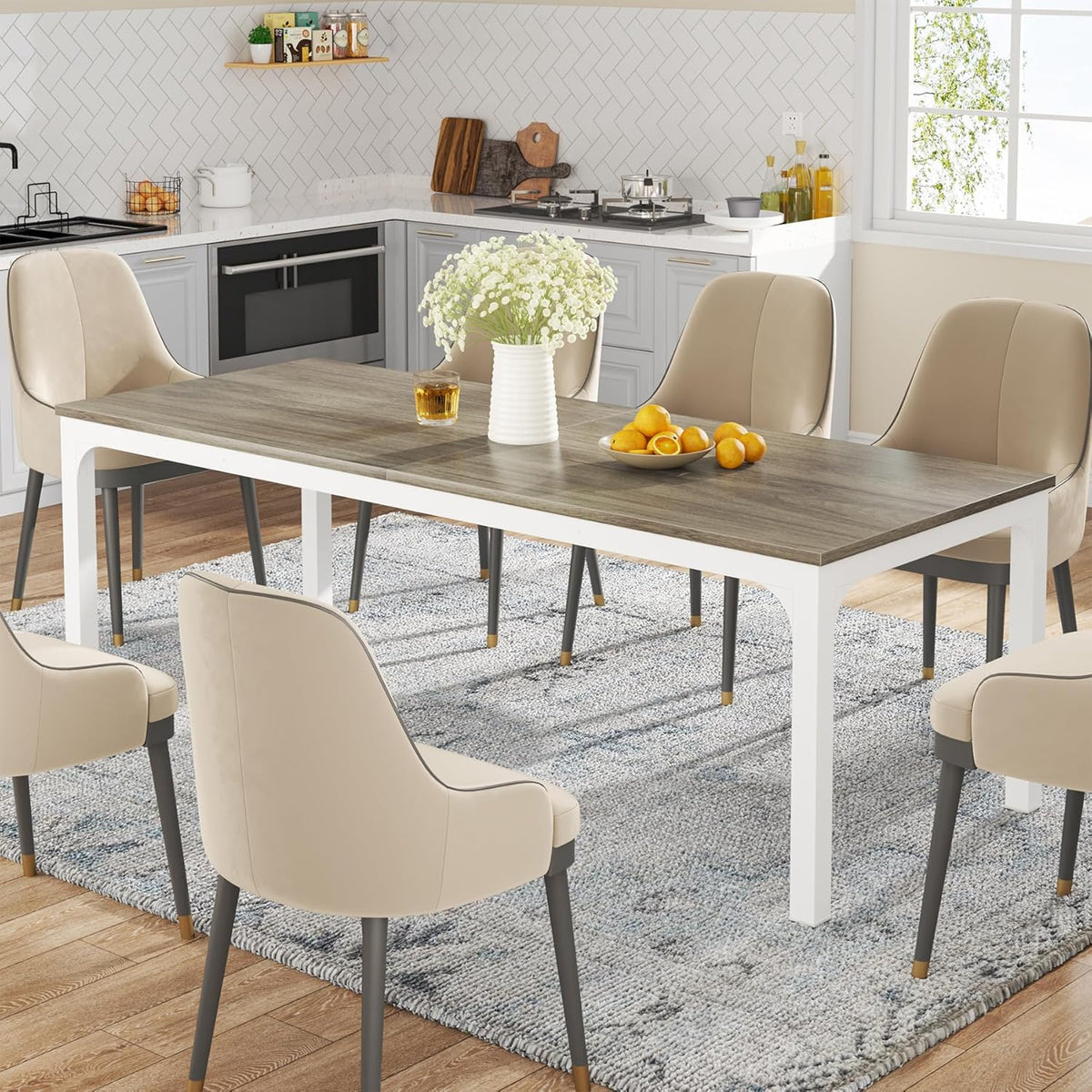 Tribesigns Dining Table for 6 to 8 People, Rectangular Kitchen Table with Sturdy Metal Legs for Living and Dining Room, Industrial Design, 200 x 70 x 75 cm (Oak, 200 x 70 x 75 cm)