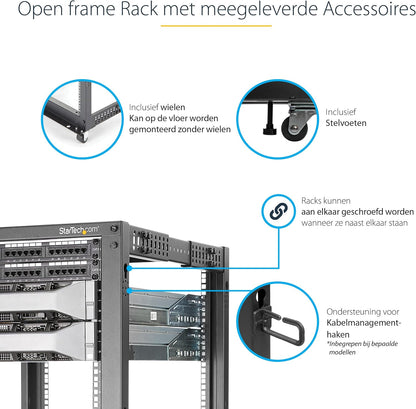 Serverrack – Serverkast – Patchkast – Netwerkkast – Datarack – 12U 4-Post Open Frame 19 Inch Met Wielen – Verstelbare Diepte Van 56,0 Tot 101,7 Cm