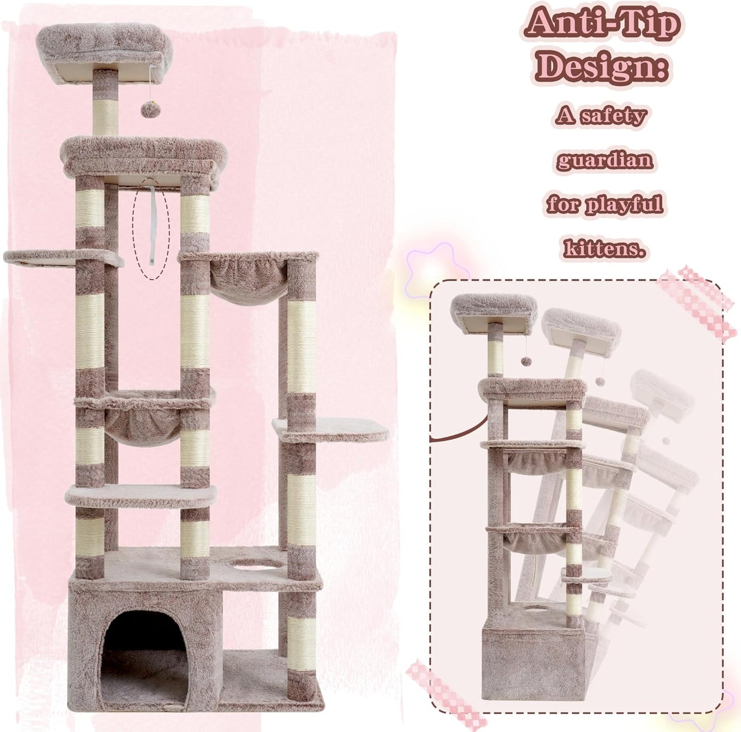 Krabpaal – Kattenboom – Krabmeubel – Klimpaal – Kattenhuis – Bruin Beige – XXL Stabiele Basis 70x50 cm – Extra Groot Platform 50x40 cm - QUORE