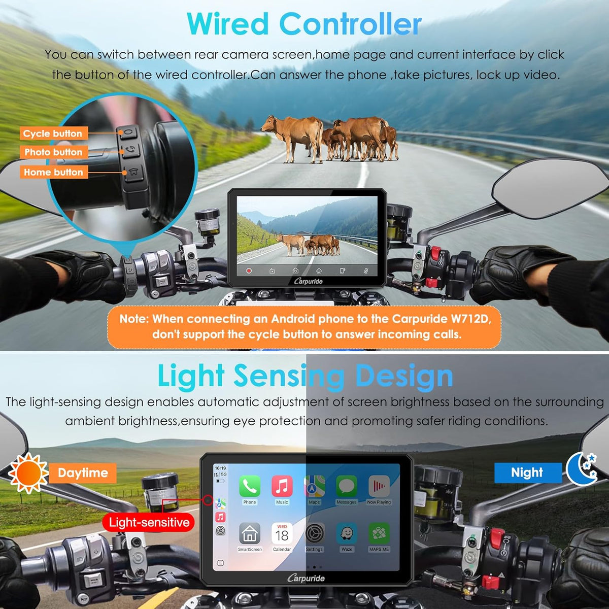 Motorfiets Carplay Scherm – Motor GPS Display – Motor Touchscreen – Draadloze Smartphone Integratie – Motor Dashcam Systeem – 7 Inch Waterdicht IPS Touchscreen – Dubbele 1080P HD Dashcams Voor en Achter