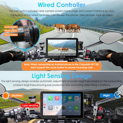 Motorfiets Carplay Scherm – Motor GPS Display – Motor Touchscreen – Draadloze Smartphone Integratie – Motor Dashcam Systeem – 7 Inch Waterdicht IPS Touchscreen – Dubbele 1080P HD Dashcams Voor en Achter