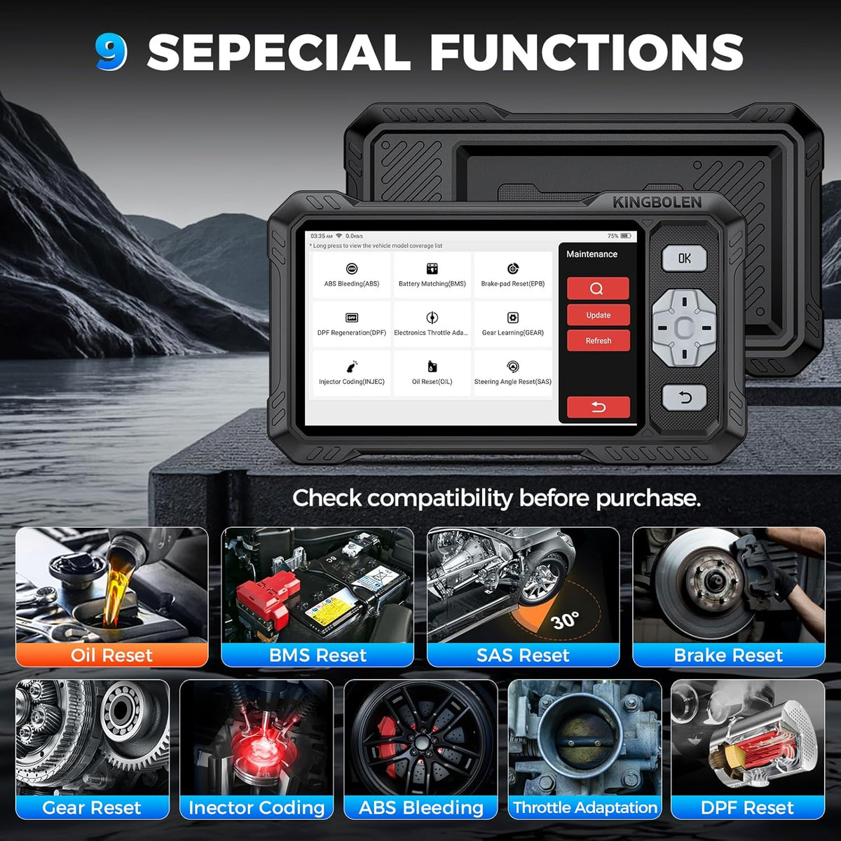 KINGBOLEN S608 OBD2 Code Reader, Auto Diagnostic Tool voor Motor/ABS/Airbag/AT,9 Reset Olie/Rem/ABS/Gear/Injector/BMS/DPF/TPMS/Throttle, OBD2 Scanner Lifetime Free Update, Kan FD Protocol
