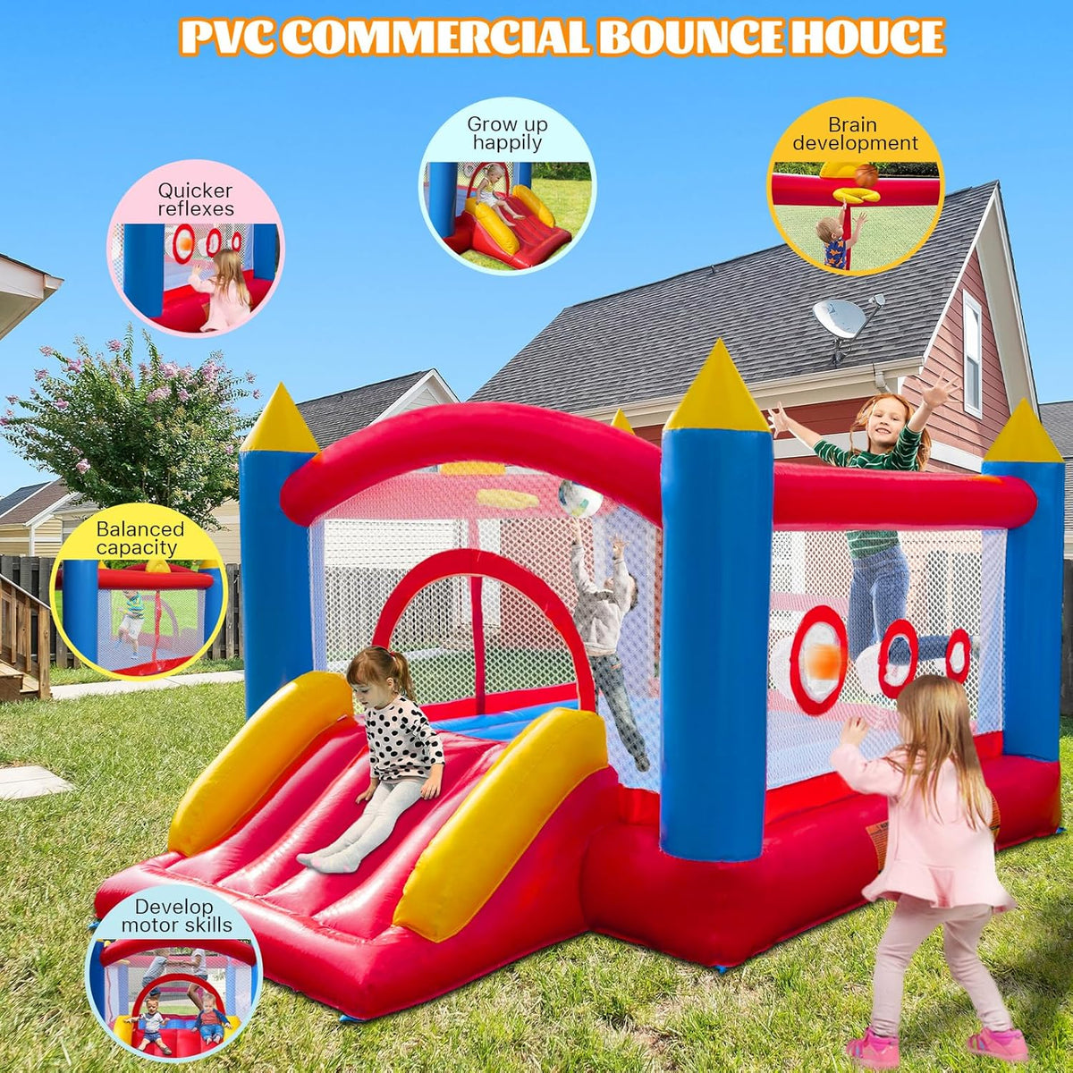 Ballsea PVC springkasteel met ventilator, trampoline, glijbaan, veiligheidsnet, dit springkasteel is gemaakt van pvc, geschikt voor thuis, buiten, kleuterschool of commercieel (afmetingen: 365 x 283 x