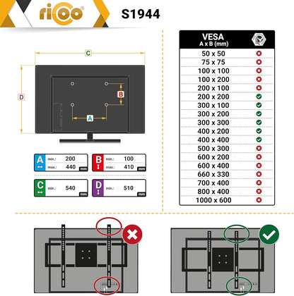 RICOO TV muurbeugel televisie zwenkbaar en kantelbaar voor 40-65 inch, universele tv-houder S1944, televisiehouder voor muur, wandhouder televisie 55 inch tot 45 kg met max. VESA 400x400 mm