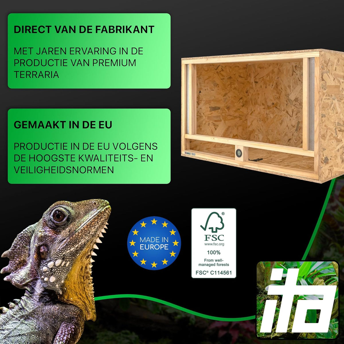 ITA Houten Terrarium 100x50x50 cm met Frontventilatie & Ingebouwde Hygrometer - Houten terrarium van OSB-3 platen - Voor reptielen, slangen, amfibieën - EU Product, FSC gecertificeerd