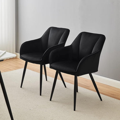 TUKAILAI Eetkamerstoelen, set van 2, van fluweel, keukenstoel, gestoffeerde stoel, armleuning, rugleuning, zachte zitkussens, metalen poten, moderne stoel voor keuken, eetkamer, woonkamer, zwart
