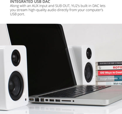 Kanto YU2 Powered Desktop Speakers | 3" Composiet Drivers | 3/4" Silk Dome Tweeter | Class D Amplifier | 100 Watt | Ingebouwde USB DAC | Subwoofer Output | Mat Wit | Paar