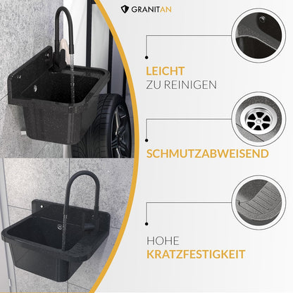 Granitan Gootsteen voor garage, kelder, werkplaats en waskeuken, universele wastafel met sifon, wastafel, wandmontage, 50 x 34 x 31 cm (zwart + wastafelarmatuur FLEX)