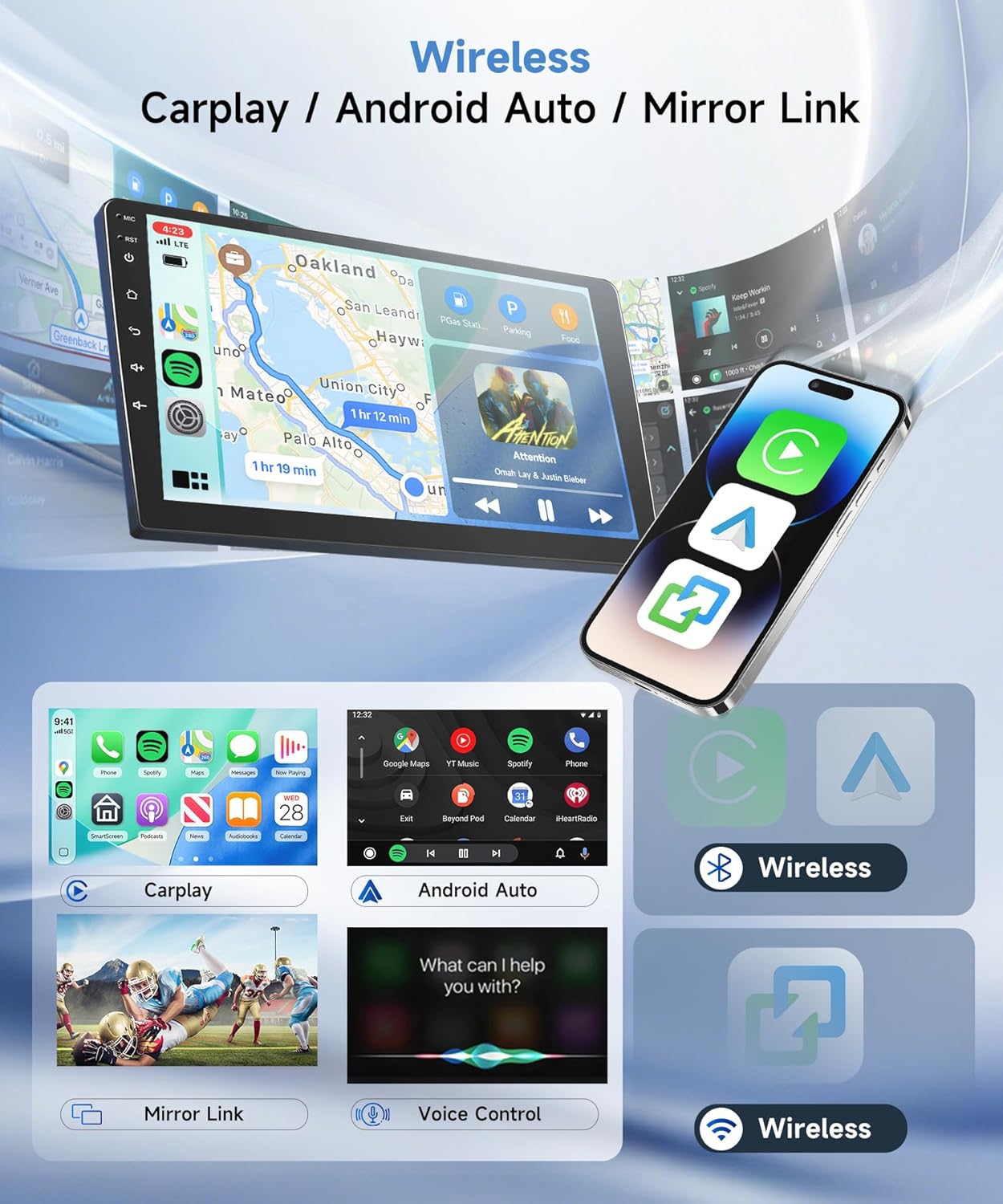 Autoradio – Inbouwradio – Multimedia Systeem – Navigatiesysteem – Touchscreen Radio – 9 Inch IPS-scherm – Draadloze CarPlay & Android Auto – HD Achteruitrijcamera met Nachtzicht