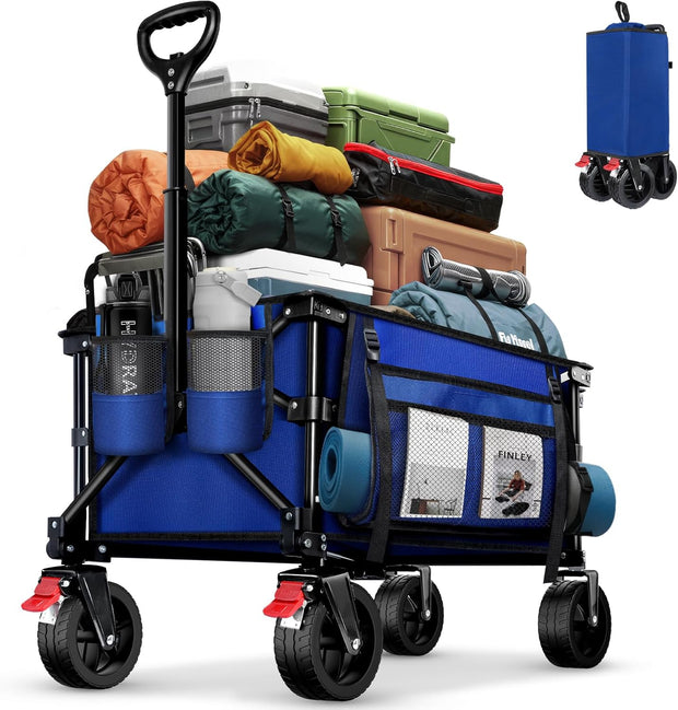 BELEEV Inklapbare Handwagen, Zware Klasse All-Terrain Handwagen met 6in Grote All-Terreinwielen, 130L Grote Capaciteit, Zijzakken & Drankhouders voor Strand Tuin Camping Sport Winkelen -Blue