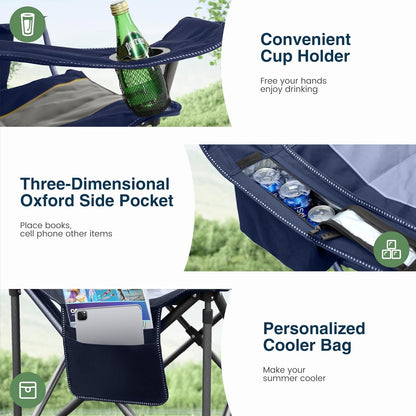 HIGH POINT SPORTS Klapstoel Camping Oversized Opvouwbare Campingstoel Maximale belasting: 200 kg met koeltas, armleuning, bekerhouder, gevoerd, draagbaar, blauw, 2 stuks