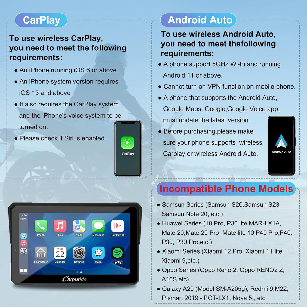 Carpuride W702 Pro motorfiets Carplay scherm met intercomfunctie, draadloze CarPlay en Android auto, draagbaar waterdicht 7 inch touchscreen, verbeterde dual bluetooth, navigatie, kompas.