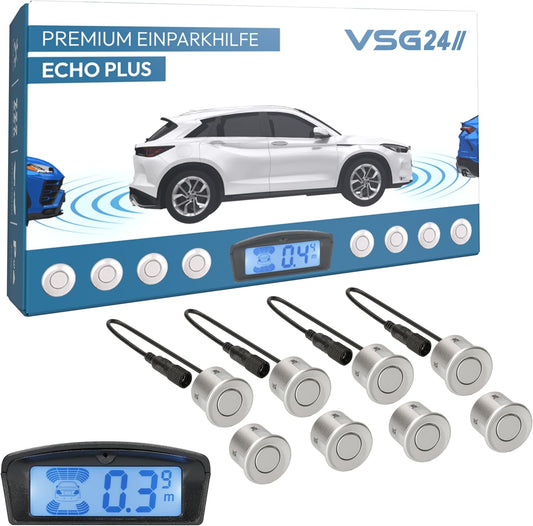VSG24 22146 - Premium Combi Set Front, Rear incl. 8 sensoren, kleurendisplay & akoestisch signaal, automatisch parkeerhulp parkeersysteem - Zilver