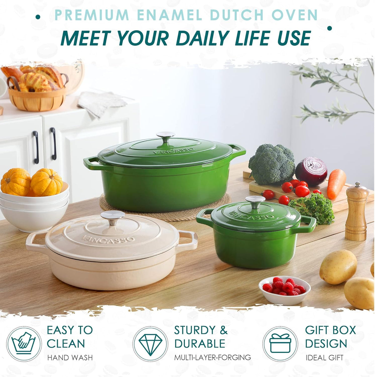 Vancasso Cast Iron Pan, Bread Bins, 8 Litres, Diameter 37 cm, Enamel Pan, Induction, Stewpan, Casserole for Gas Stove, Ceramic Hob, Induction/Oven, Large, Dutch Oven, Green - QUORE