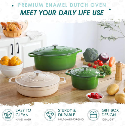 Vancasso Cast Iron Pan, Bread Bins, 8 Litres, Diameter 37 cm, Enamel Pan, Induction, Stewpan, Casserole for Gas Stove, Ceramic Hob, Induction/Oven, Large, Dutch Oven, Green - QUORE