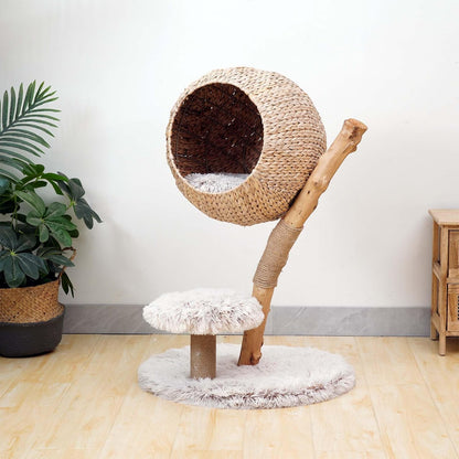 Kattenkrabpaal – Krabpaal – Kattenboom – Krabmeubel – Kattenmeubel – Eivormige Lounger – Perenhout – Zacht Pluche – 83 cm Hoog – Stabiele Rond Basis