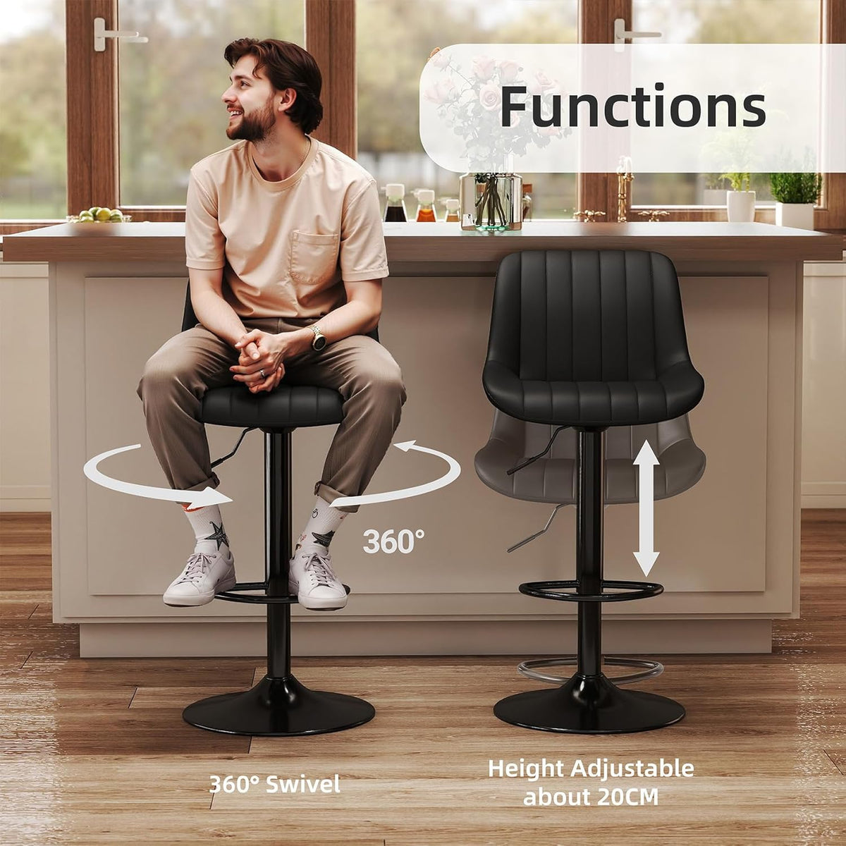 Youhauchair Barkrukken Set van 2, In Hoogte Verstelbare Barkruk met Rugleuning, PU Lederen Barstoelen Bar Stool, Moderne Barstoel Keuken Kruk