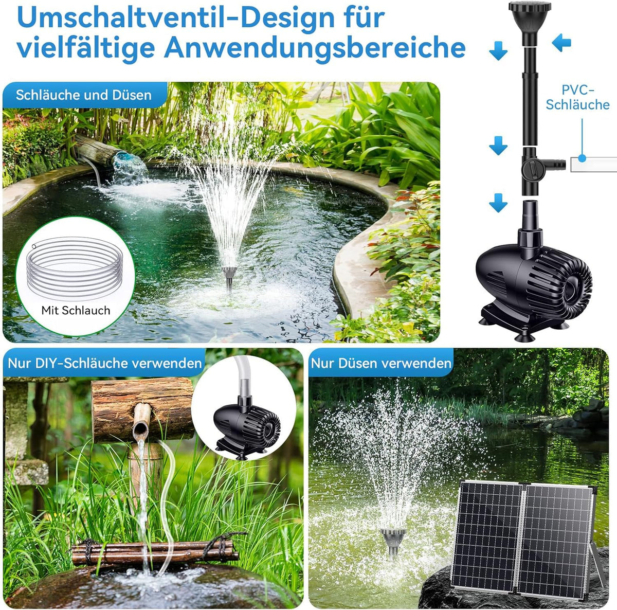 POPOSOAP Vijverpomp op zonne-energie, 55 W, 1820 l/u, fontein op zonne-energie, met stabiele waterstraling, 3 sproeimodi, 2 m pvc-slang, in totaal 8,20 m kabel, voor tuinvijvers, waterval, waterspel