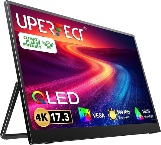 UPERFECT 17.3 Inch 4K QLED Draagbare Monitor 100% AdobeRGB 1500:1 500 Nits Oogverzorging Mat Scherm met Geïntegreerde Beugel mini HDMI USB C voor Laptop MacBoo Xbo PS4/5, Reismonitor VESA-compatibel