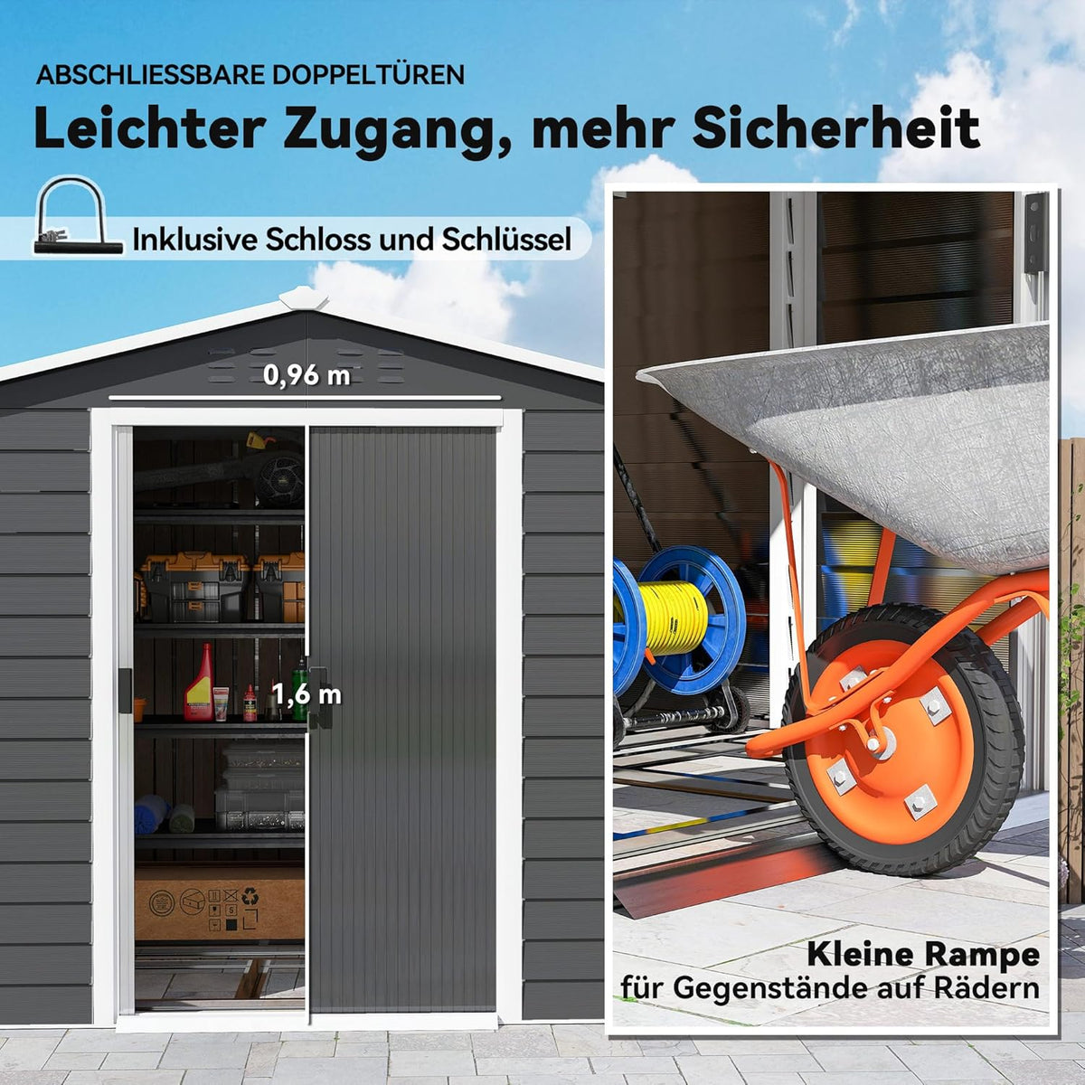 Outsunny Garden Shed 4.4 m2, Garden Shed with Saddle Roof, Sliding Door, Foundation, Easy Assembly, 240 x 206 x 198 cm, Garden Shed Made of Galvanized Steel, Weatherproof, for Garden, Dark Grey - QUORE