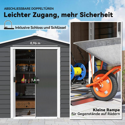 Outsunny Garden Shed 4.4 m2, Garden Shed with Saddle Roof, Sliding Door, Foundation, Easy Assembly, 240 x 206 x 198 cm, Garden Shed Made of Galvanized Steel, Weatherproof, for Garden, Dark Grey - QUORE