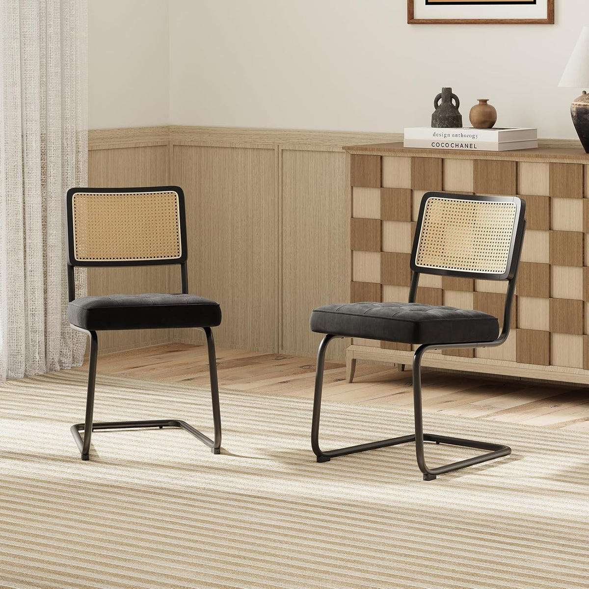 COLAMY Rotan eettafelstoelen, set van 2, fluwelen bekleding met metalen frame, zwart