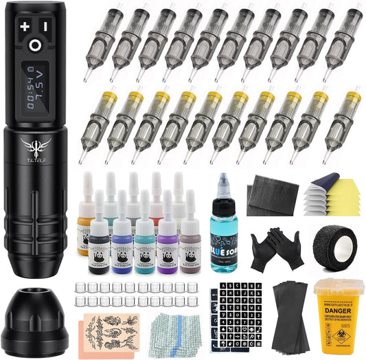 TATELF Tatoeage Kit met Draadloze Tatoeage Machine, 1800mAh Batterijvermogen, 20 Stuks Tatoeage Naalden en 10 Kleuren Inkt voor Tatoeage Artiesten
