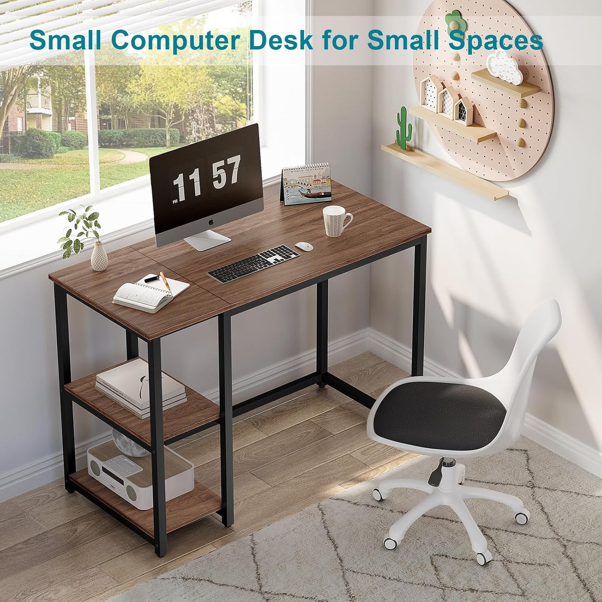 WOHOMO Computerbureau 120 cm met 2-laags planken, stevig thuiskantoor bureau met grote opslagruimte, modern gamingbureau, studie-schrijftafel, laptoptafel, bruin